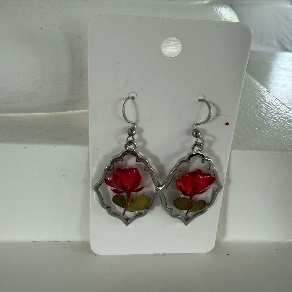 Elegant Silver and Red Rose Earrings